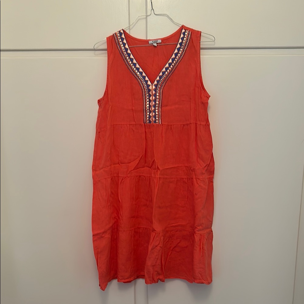 Like New 100% Linen Coral Sleeveless Dress With Embroidered Neckline